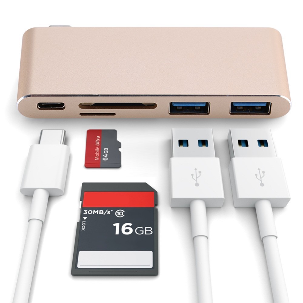 Адаптер c USB Type-C на 2 х USB 3.0, USB-C и картридером для Macbook