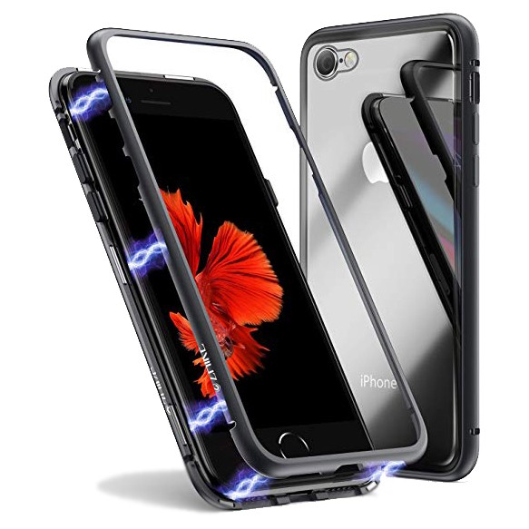 Защитный магнитный чехол для iPhone SE/8/7 из метала и стекла (Чёрный)