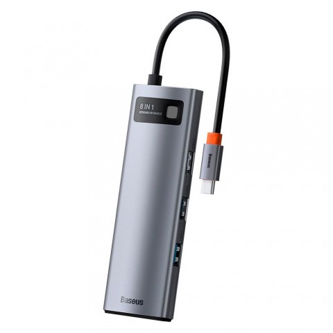 Многопортовый переходник Baseus Metal Gleam Series 8 в 1 3хUSB, HDMI, RJ45, SD, MicroSD (серебро)