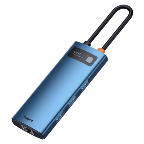 Многопортовый переходник Baseus Metal Gleam Series 6 в 1 3USB, HDMI, RJ45 (синий)