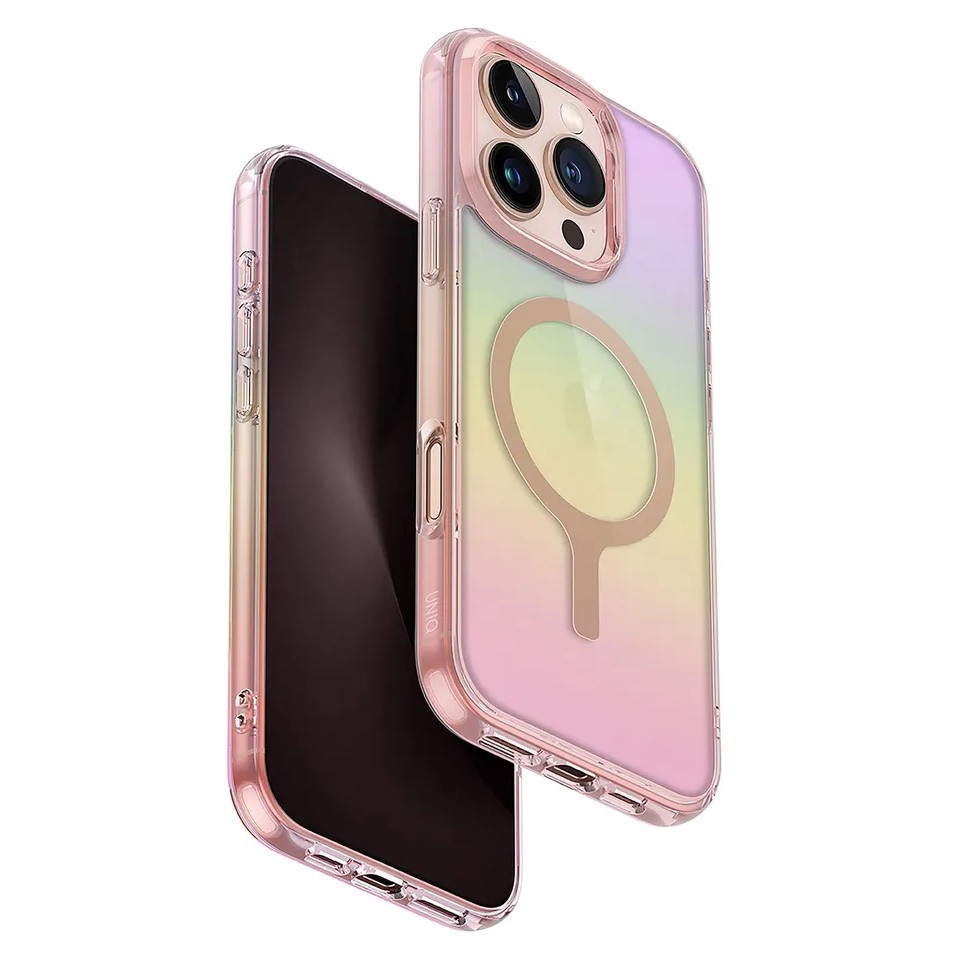 Чехол голографический Uniq Iridescia MagSafe для iPhone 16 Pro Max, цвет переливающийся розовый